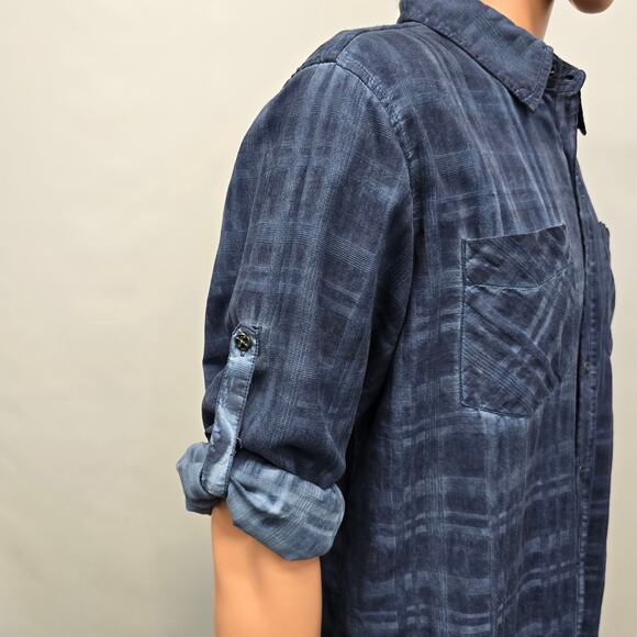 Affliction Black Premium Shirt Blue Plaid Long Roll tab Sleeves Dual Pockets L - Picture 5 of 13